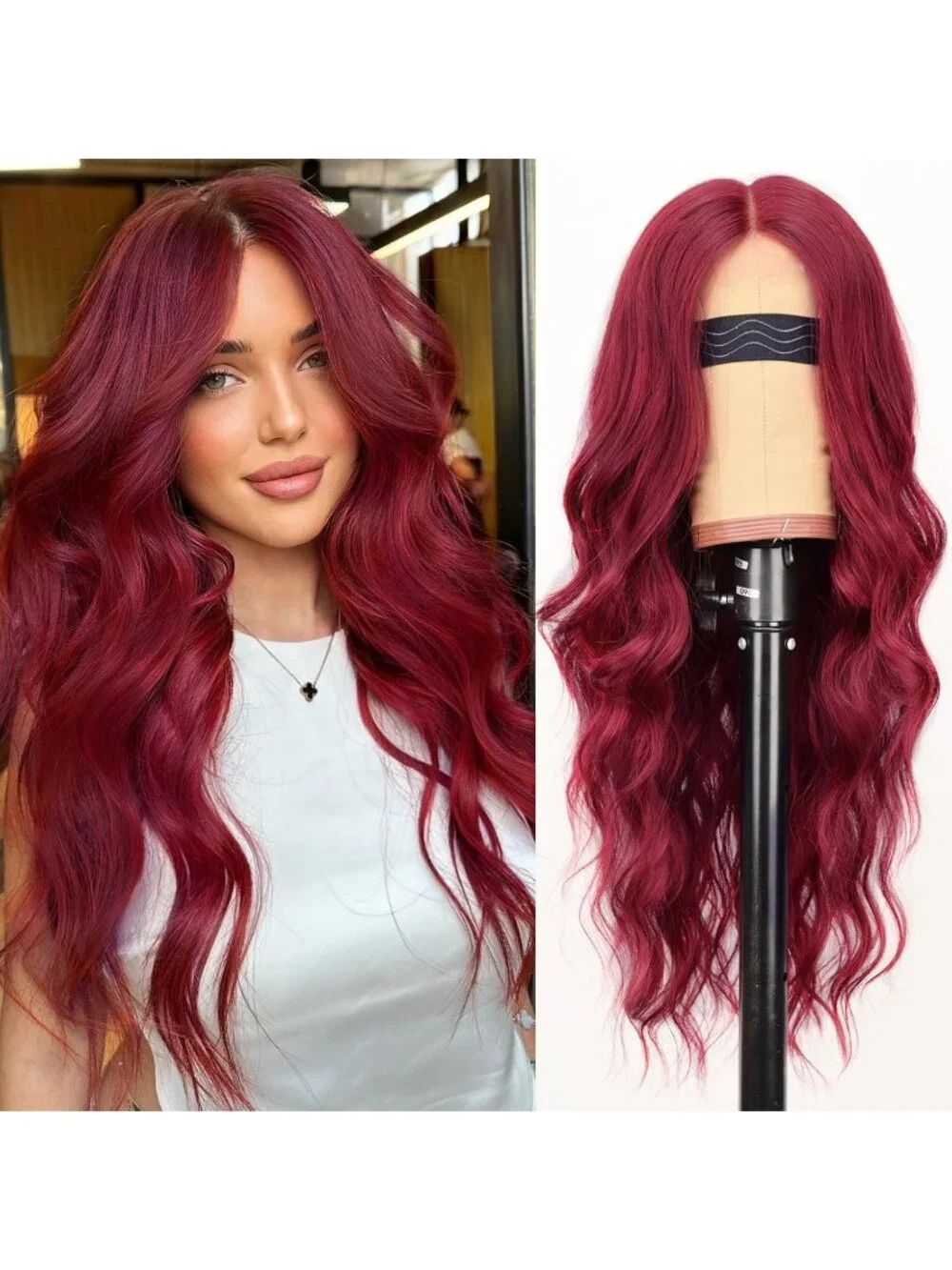 Women's Bright Red Lace Hairline 26 Inch Synthetic Heat Resistant Wavy Wigs